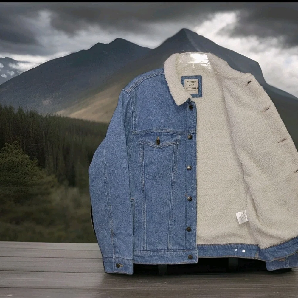 Victory Outfitters sherpa-lined denim trucker jacket. - Picture 1 of 8